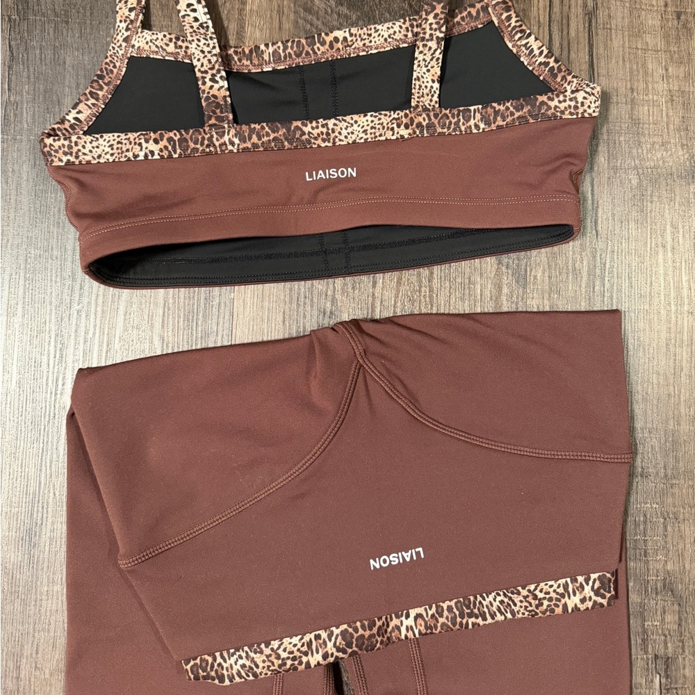 Liaison Women's Brown Leopard-Trim Sports Bra & Leggings